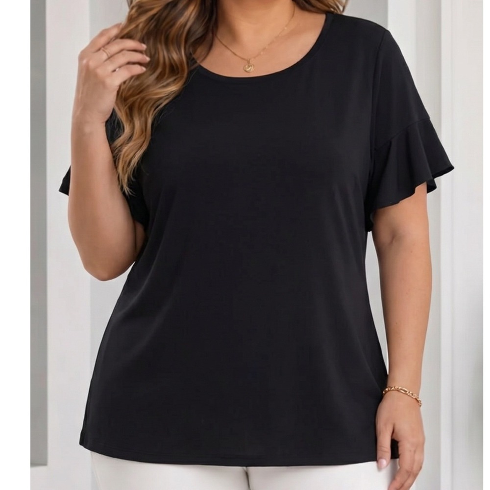 Worthington Black Ruffle Sleeve Crew Neck Knit Top Blouse XL Office